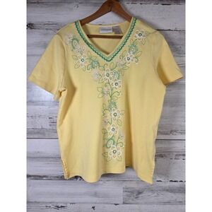 ALFRED DUNNER Women's Short Sleeve, V-Neck With Sequin, Beaded Yellow Top PL